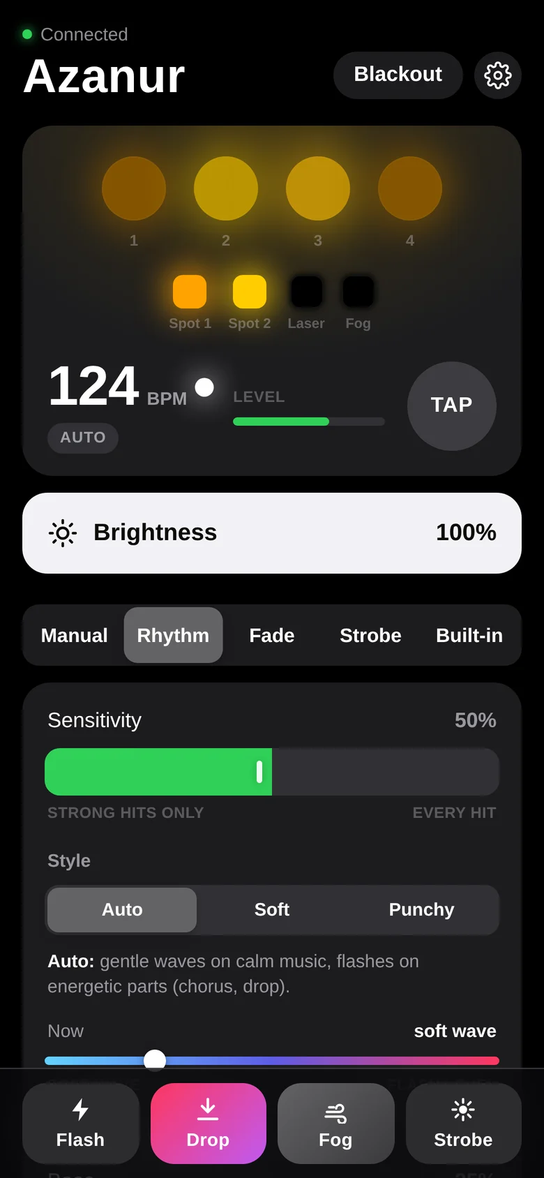 Rhythm mode – Live view of every light, the tempo and the level