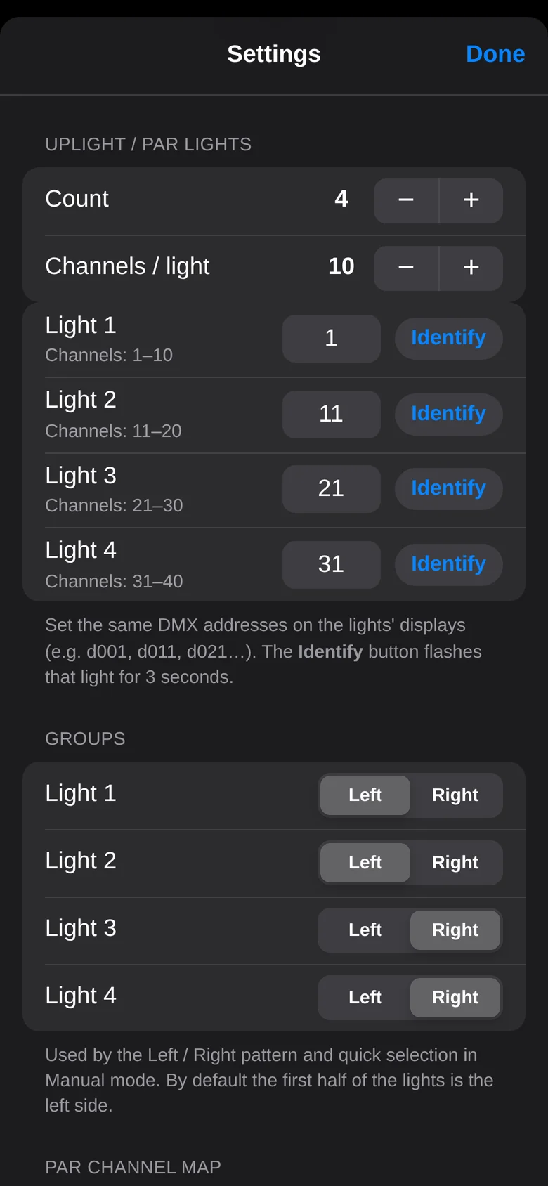 Settings – Fixtures, DMX addresses, groups