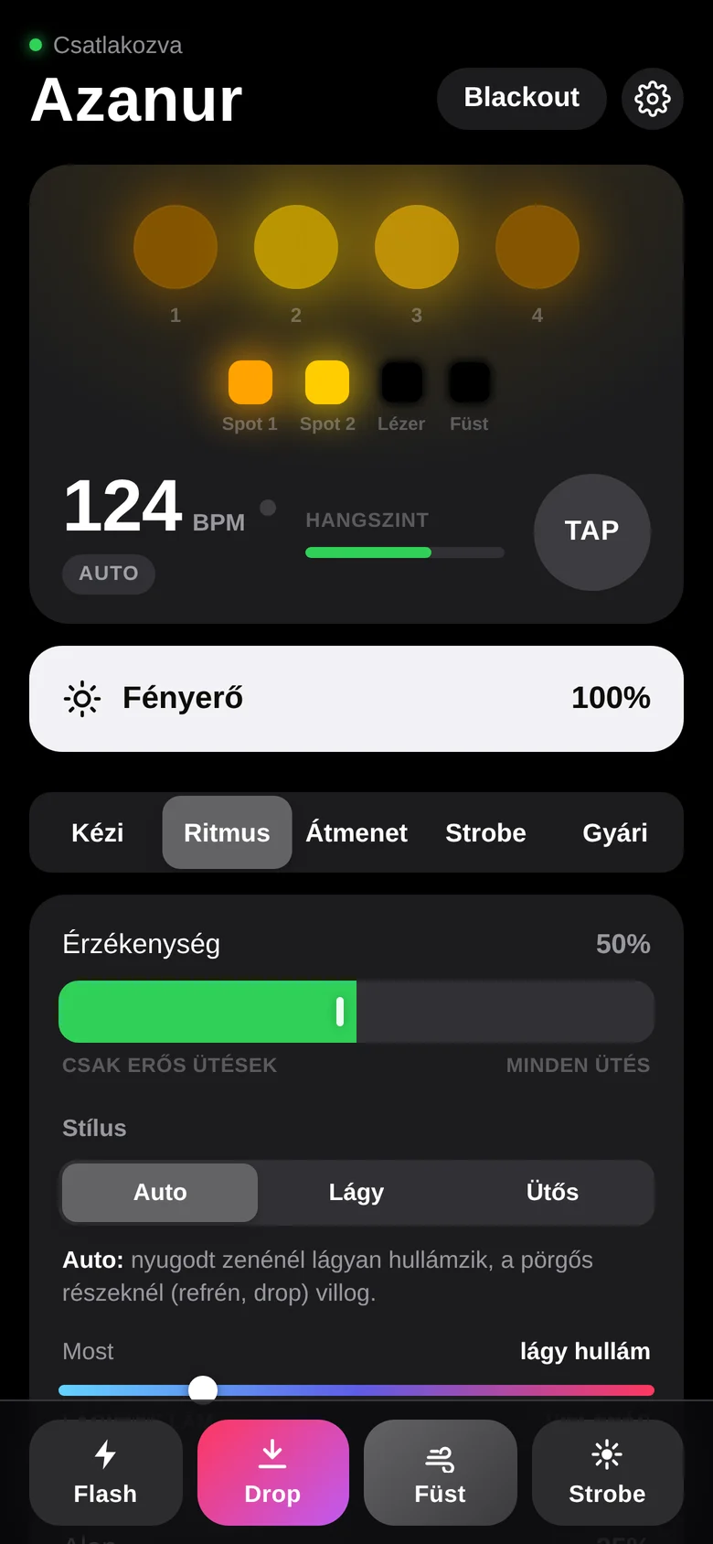 Ritmus mód – Élő kép minden lámpáról, a tempóról és a hangszintről