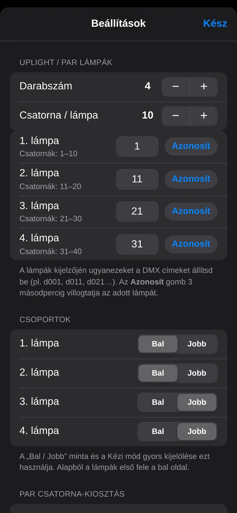 Beállítások – Lámpák, DMX címek, csoportok
